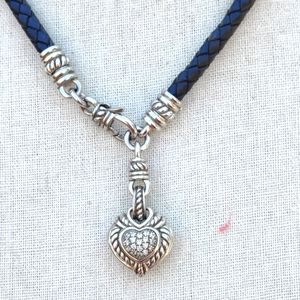 Judith Ripka Black Leather and Sterling Silver Heart Necklace